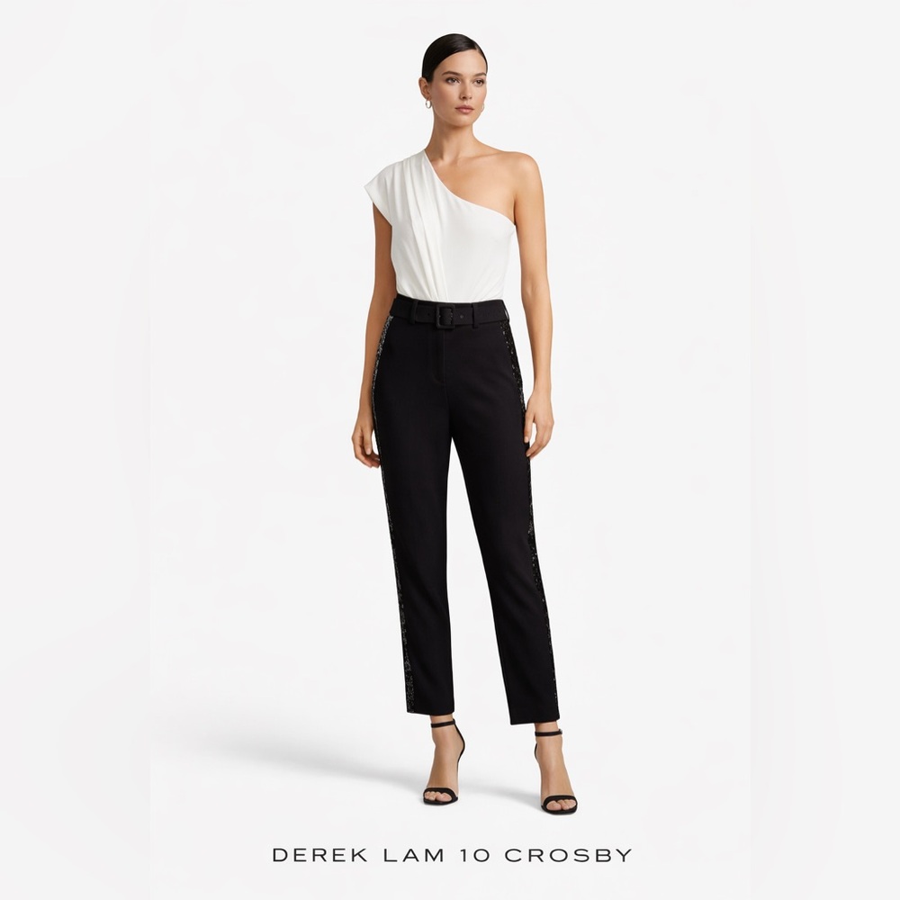 Derek Lam 10 Crosby One-Shoulder Jumpsuit Black & White Sequin Tuxedo StripeNWT